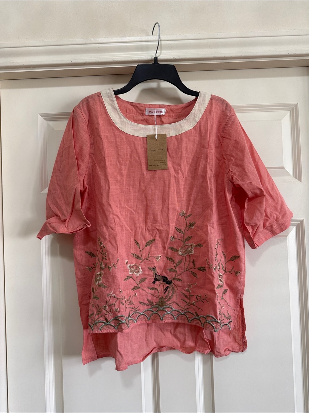 Soolinen Light Coral Embroidered linen Tunic Top with Cream no size tag see pics